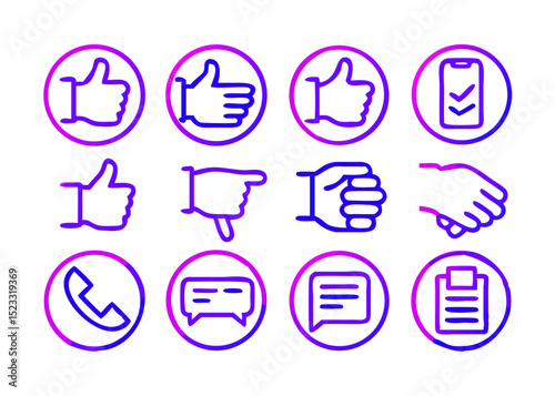 Set of Communication and Feedback Icons collection vibrant purple blue icons representing various communication feedback methods including thumbs up down hand gestures phone call message checklist