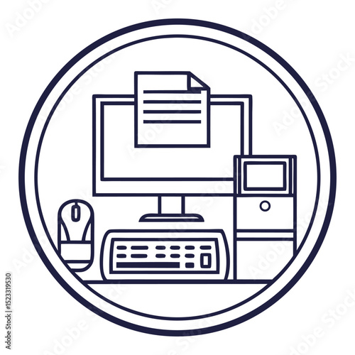 Computer workstation icon featuring monitor keyboard mouse and document in a circle