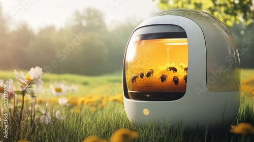 Futuristic beehive in meadow