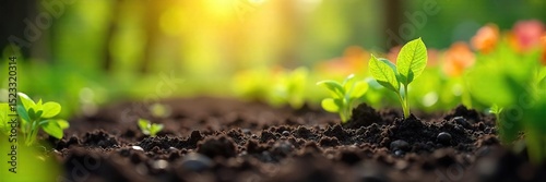 A vibrant spring garden bursting with color as new seedlings emerge from the freshly tilled earth Sunlight streams through the leaves, illuminating the lush greenery , countryside, fresh
