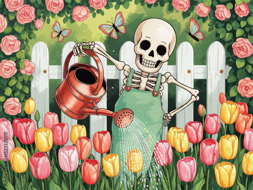 Whimsical Skeleton Gardener Watering Colorful Tulips in Spring Garden with Butterflies and Roses, Cartoon Vector Art