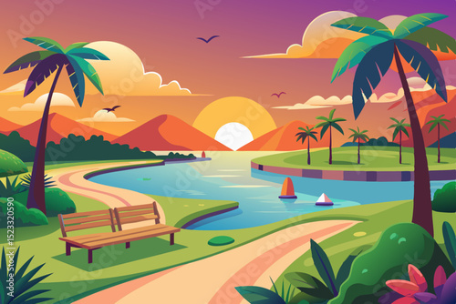 Sunset Paradise Landscape Illustration vibrant illustration tropical landscape sunset winding path leads tranquil lake surrounded lush greenery and palm trees wooden park bench sits peacefully