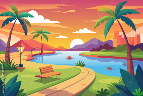 Colorful Sunset Park Scene with Lake and Palm Trees vibrant illustration park lake sunset trees bench path are featured landscape mountains castle the background sunset