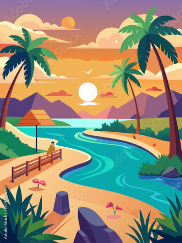 Tropical Beach Sunset Scene vibrant illustration tropical beach sunset person sits bench overlooking calm turquoise river that flows through the sandy beach Palm trees and