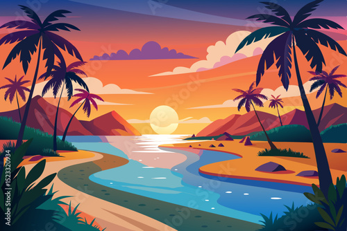 Sunset Beach Paradise Landscape Vibrant sunset over tropical beach scene with palm trees mountains and flowing river Colorful and stylized illustration peaceful paradise sunset beach