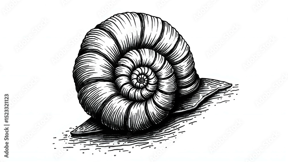Obraz premium Black Ink Illustration of Spiral Snail Shell with Natural Detailing