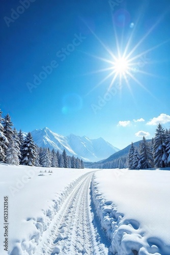 Vast, clear winter sky, a brilliant, intense blue Crisp, cold air, sunlight reflecting off snow-covered landscape Perfect for winter wonderland themes , outdoor, crisp, image