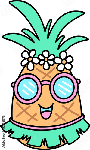 Retro Groovy Cartoon Pineapple with Sunglasses and Flower Crown