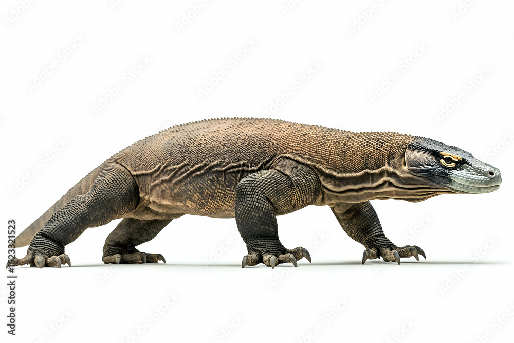 Fototapeta premium Komodo dragon walking with head low over white studio surface.