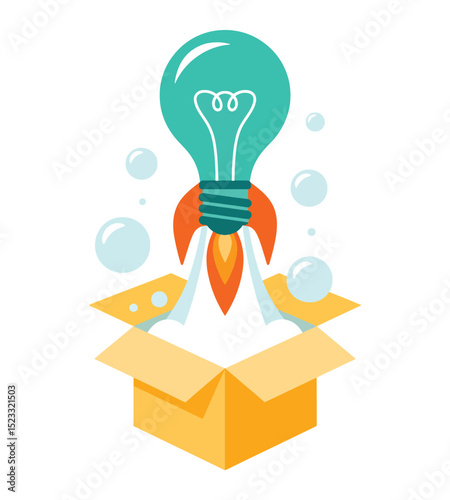 Flat Startup Concept with Lightbulb Rocket Emerging from Cardboard Box Innovation and Idea Symbol on White Background