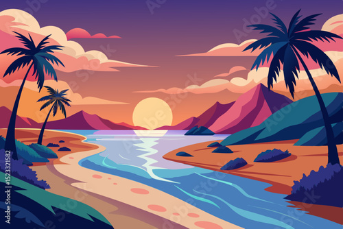 Sunset Beach Paradise Scene Vibrant illustration tropical beach sunset Palm trees line the shore with mountains rising the background Gentle waves lap the sandy beach