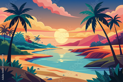 Vibrant Sunset Beach Scene colorful illustration tropical beach sunset Lush vegetation palm trees and calm river meet the sandy shore The vibrant colors and stylized