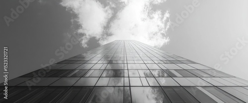 Upward view of a tall glass building with clouds reflecting on it in grayscale
