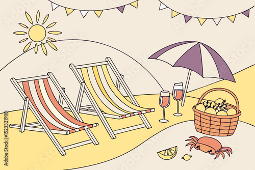 Beach Relaxation with Drinks and Fruits charming illustration beach scene featuring two beach chairs parasol drinks fruit basket crab The scene set sandy beach warm