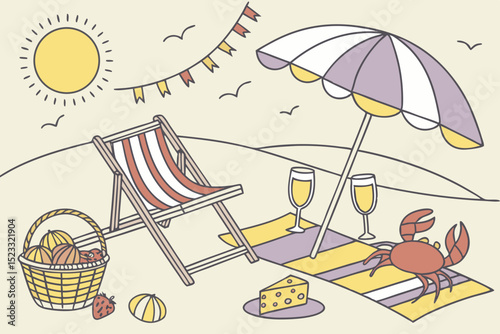 Beachside Picnic with Striped Chair and Umbrella charming illustration beach scene featuring striped beach chair umbrella picnic basket crab cheese wedge glasses champagne complete the