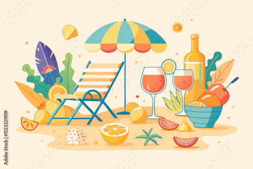 Summer Beachside Relaxation with Drinks and Fruits vibrant illustration beachside scene featuring lounge chair umbrella drinks various fruits The scene evokes relaxing summer day beach