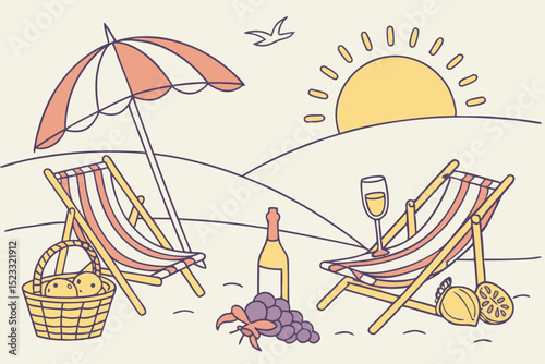 Beach Relaxation Scene with Sunset charming illustration beach scene sunset Folding beach chairs umbrella picnic basket grapes and bottle wine are depicted The scene evokes