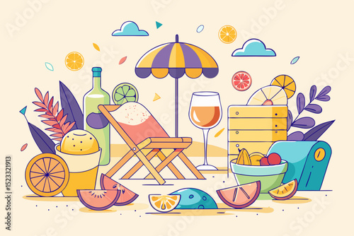 Summer Beachside Relaxation Scene vibrant illustration beach scene featuring lounge chair umbrella drinks and various fruits The style simple line art with bright color palette