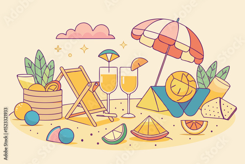 Summer Beach Picnic Illustration colorful illustration beach picnic scene with drinks beach chairs umbrella and various fruits The style simple line art with pastel colors