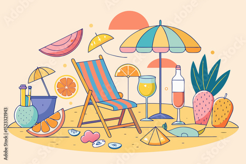 Summer Beach Day Vibes Illustration colorful illustration beachside relaxation with lounge chair umbrellas drinks and tropical fruits Perfect for summer themed designs beach summer vacation relaxation