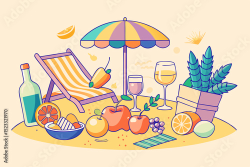 Beachside Picnic with Drinks and Fruits vibrant illustration beachside picnic scene featuring lounge chair umbrella drinks fruits plant The scene depicted flat cartoon style bright