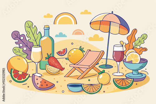 Summer Beachside Picnic with Fruits Colorful illustration beachside picnic scene various fruits drinks and beach chairs vibrant array citrus fruits watermelon and other tropical fruits