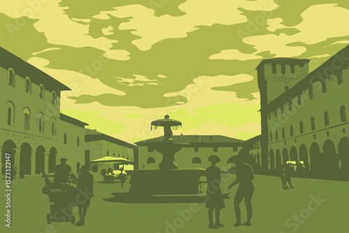 Italian Town Square at Dusk Silhouette illustration European town square dusk Buildings with arches and fountain are central with people strolling through the marketplace town