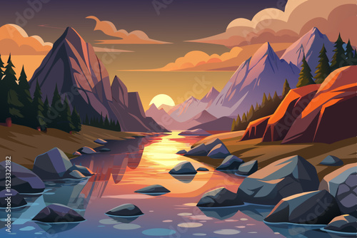 Mountain River Sunset Landscape Illustration vibrant illustration mountain river sunset Rocky banks line the river reflecting the golden light the setting sun Tall mountains surround