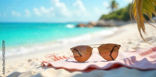 Relaxing summer scene at a beautiful beach with sunglasses resting on a towel, sea view, bright sunny day , peaceful, coast, landscape