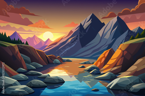 Colorful Mountain River Sunset Landscape vibrant illustration mountain river valley sunset Rocky shores line the tranquil river reflecting the colorful sky and mountains The scene