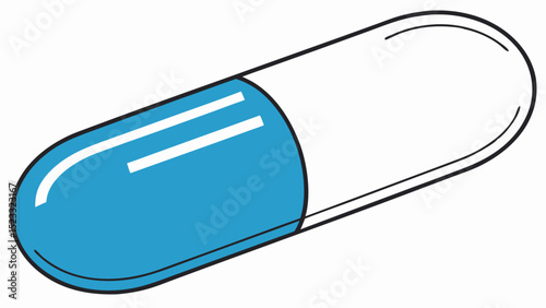 Blue and White Pill Capsule Illustration with Black Outline