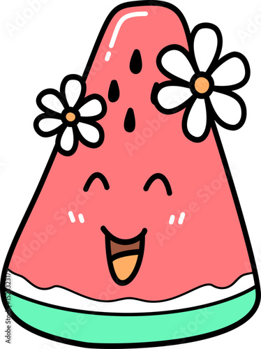 Retro Groovy Cartoon Watermelon Slice with Flowers Illustration