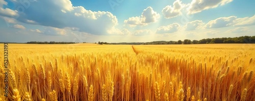 Golden wheat field under a vast autumn sky, ready for harvest Abundant crop, ripe and golden, swaying gently in the breeze A picturesque scene of rural abundance , sunlight, wheat