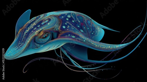 Abstract fantasy creature illustration in blue and gold digital art