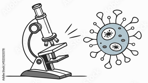 Cartoon Microscope Examining a Virus Cell with Spikes
