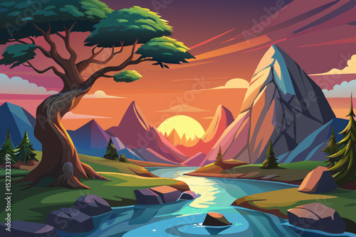 Colorful Mountain Landscape at Sunset vibrant illustration mountain landscape sunset winding river flows through valley with lush greenery and towering peaks large tree stands prominently