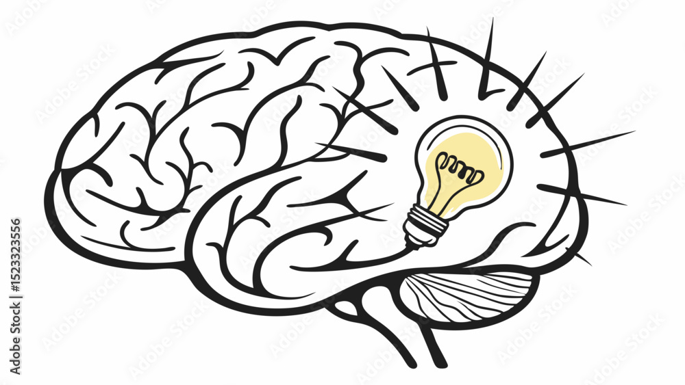 Fototapeta premium Conceptual Illustration of Brain with Illuminated Light Bulb