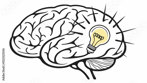 Conceptual Illustration of Brain with Illuminated Light Bulb