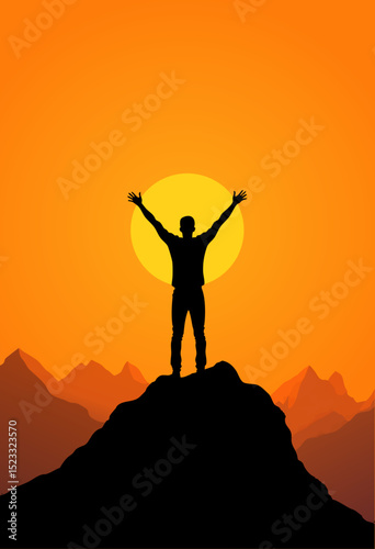 Triumphant Person Silhouette on Mountain Peak with Raised Arms at Sunset - Vector Illustration of Achievement