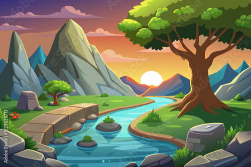 Mountain Valley Sunset Landscape vibrant illustration serene mountain valley sunset winding river flows through lush greenery bordered rocks and stone pathway Tall mountains frame the