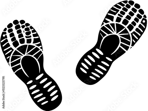 Two Black and White Shoe Prints stylized shoe prints black white show detailed tread patterns The design suggests athletic outdoor shoes shoe prints footprints tread