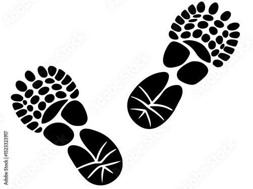 Hiking Shoe Footprint Illustration Two stylized black footprints hiking shoes white background The design detailed with textured patterns resembling tread hiking footprint shoe trail outdoor