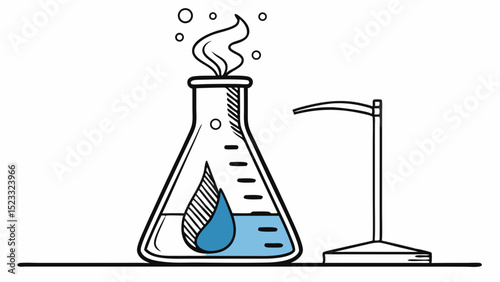 Handdrawn Erlenmeyer Flask with Blue Liquid and Stand