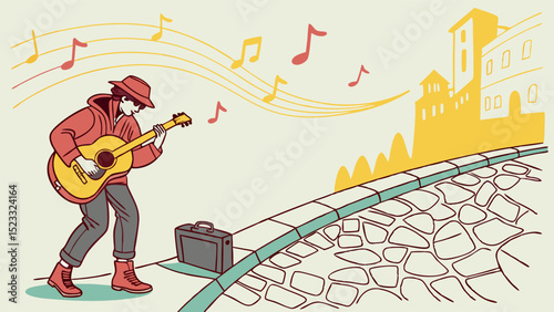 Illustrated musician playing guitar on a cobblestone street with buildings
