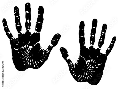 Two Black Handprints on White Background stylized black handprints are visible against plain white background The prints show the details the palm and fingers with