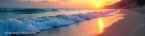 Serene ocean waves gently lapping a tranquil shore at sunset, creating a calming and peaceful atmosphere Perfect for relaxation and meditation themes , blue, orange