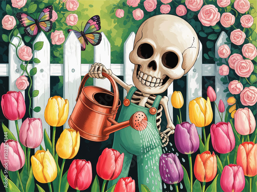 Whimsical Skeleton Gardener Watering Colorful Tulips and Roses in Spring Garden with Butterflies, Cartoon Illustration