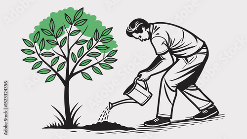 Man Watering a Young Tree in a Vector Illustration