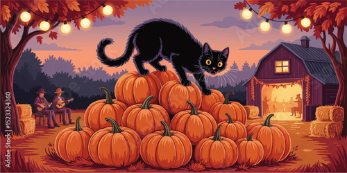Black Cat on Pumpkin Stack at Autumn Harvest Festival with Barn, Musicians, String Lights and Fall Foliage at Sunset