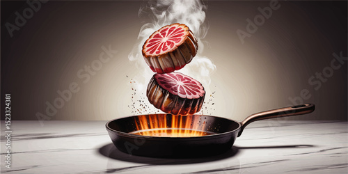 Artistic Illustration of Sizzling Gourmet Mooncakes in Frying Pan with Flames and Steam on Marble Table – Modern Culinary Concept